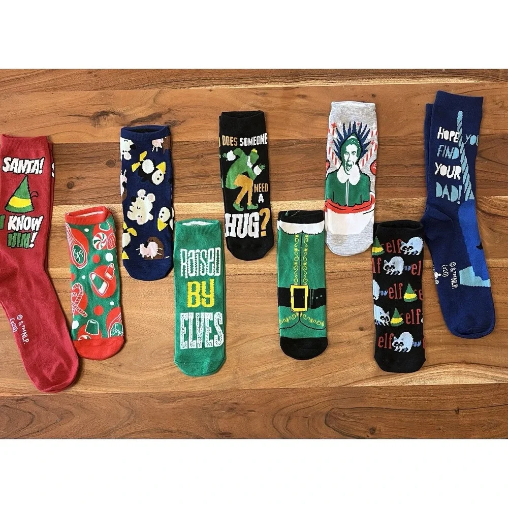 9 Pairs Of ELF Movie Christmas Themed Socks Long And Short Size 7-12 Lot